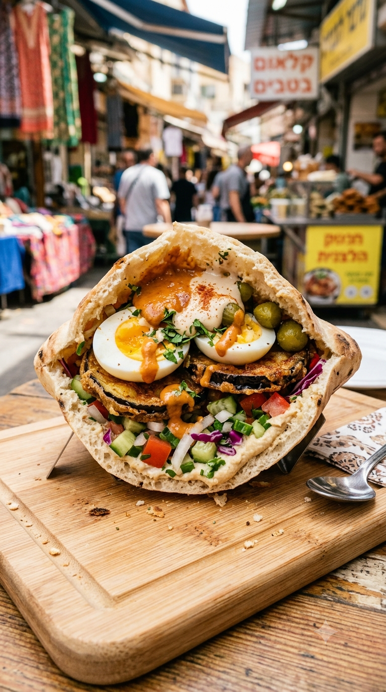 Sabich généreusement garni, pain pita ouvert révélant aubergine frite, œuf dur, houmous et salade fraîche