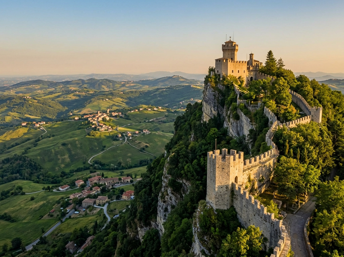 Forteresse de Saint-Marin perchée sur le Mont Titano, collines verdoyantes en contrebas