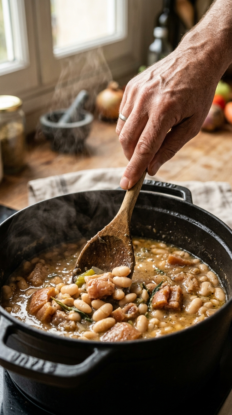 Main remuant des couennes de porc mijotant avec des haricots blancs dans une marmite en fonte
