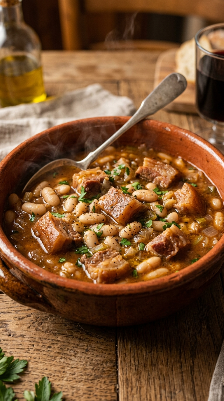 Bol de fagioli con le cotiche fumant, haricots blancs et morceaux de couennes dans un bouillon épais