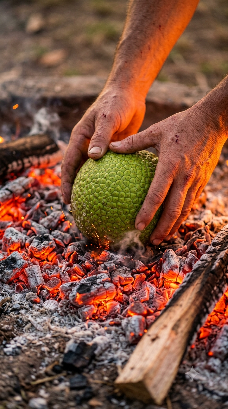 Mains déposant un fruit à pain entier directement sur des braises rougeoyantes