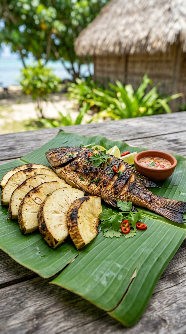 Fruit à pain rôti coupé en tranches et poisson grillé entier, servis ensemble sur une feuille de bananier
