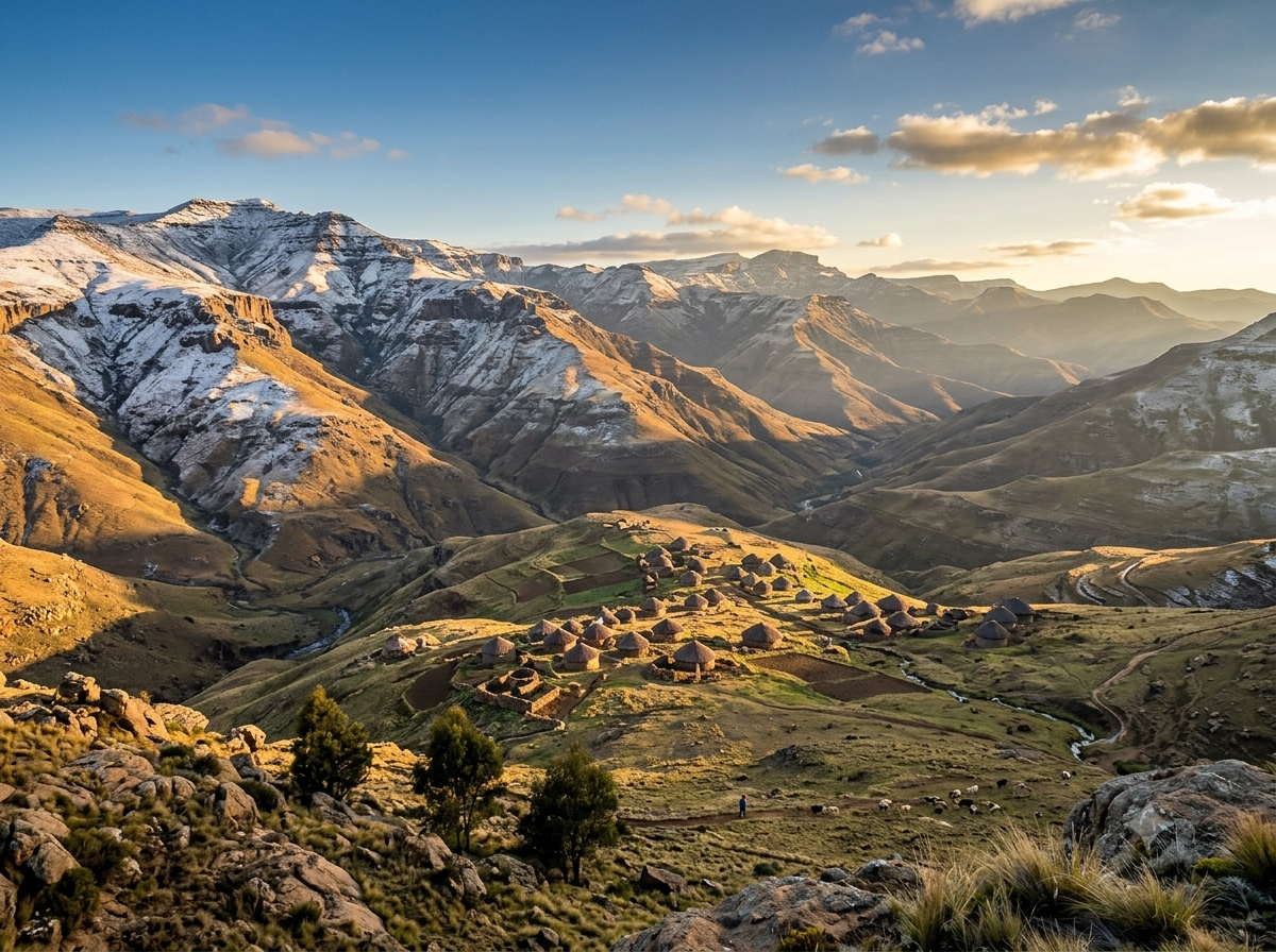 Montagnes du Lesotho partiellement enneigées avec village traditionnel en altitude