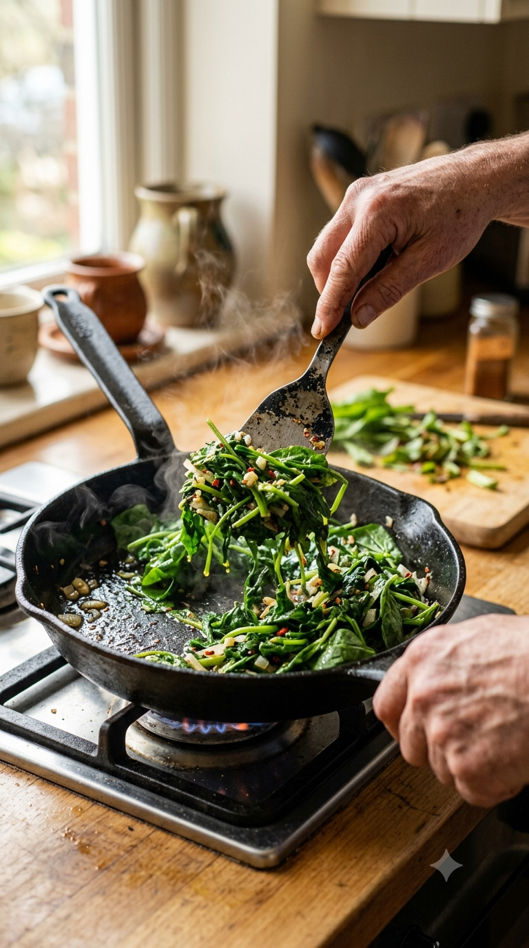 Mains faisant sauter des légumes verts sauvages dans une poêle en fonte noire