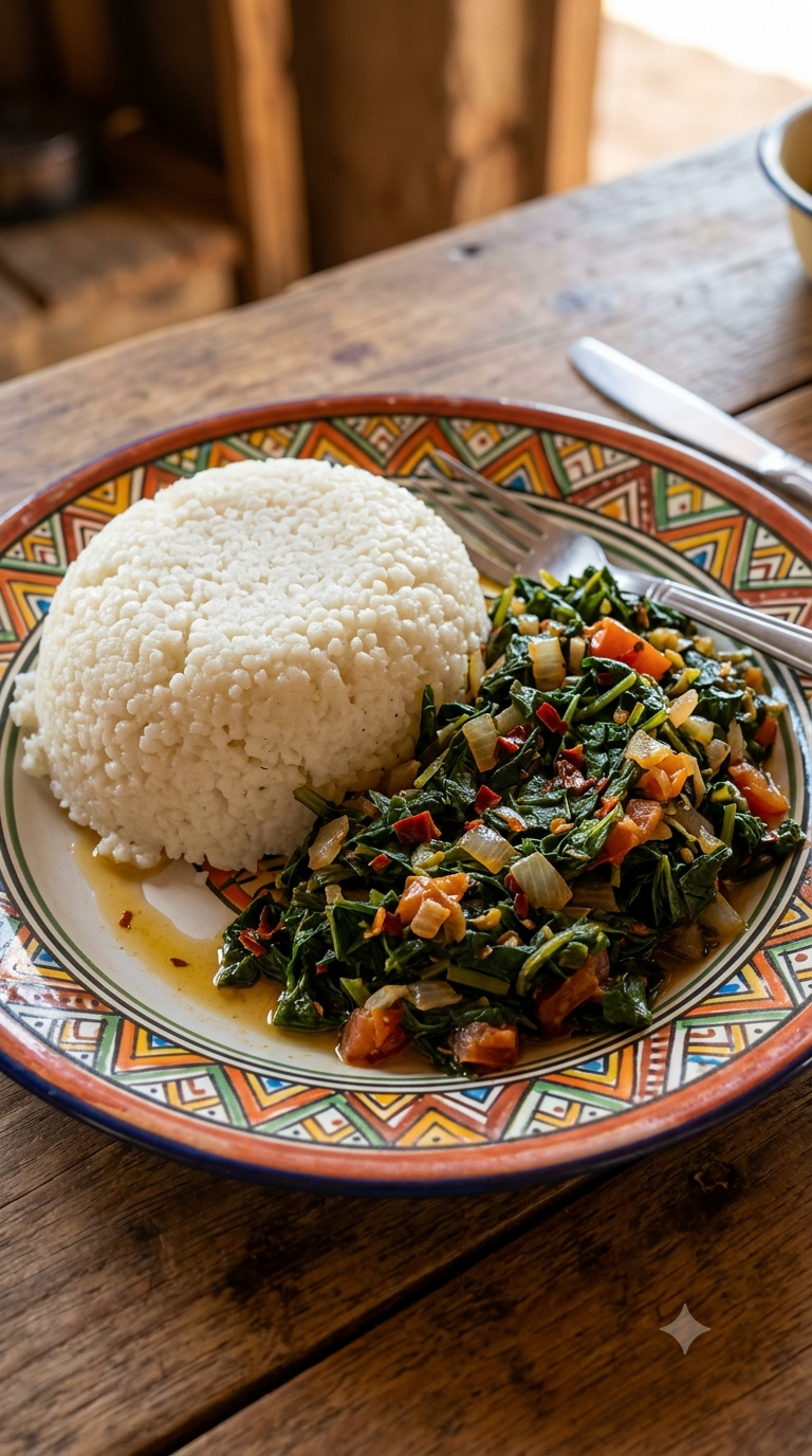 Assiette en émail coloré africain avec du papa ferme et blanc accompagné de légumes verts sautés