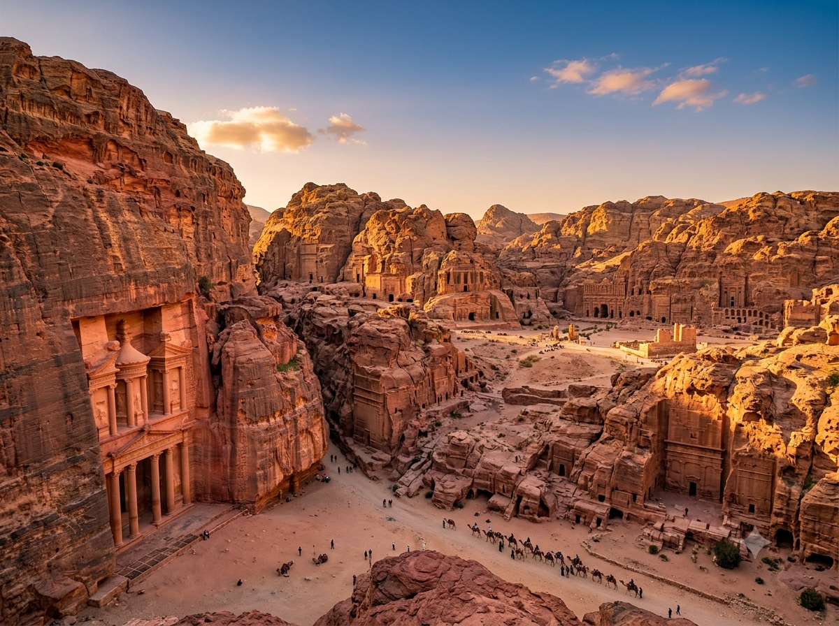 Cité antique de Pétra en Jordanie avec façades taillées dans la roche rosée