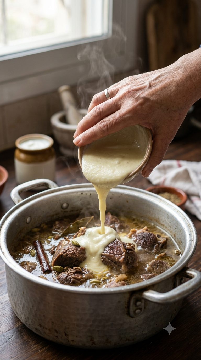 Main versant une sauce blanche au jameed sur de l'agneau mijotant dans une marmite traditionnelle