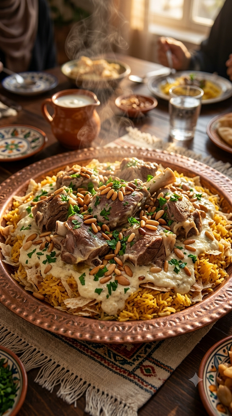 Grand plateau en cuivre rempli de mansaf fumant, riz et pain nappés de sauce au yaourt avec morceaux d'agneau