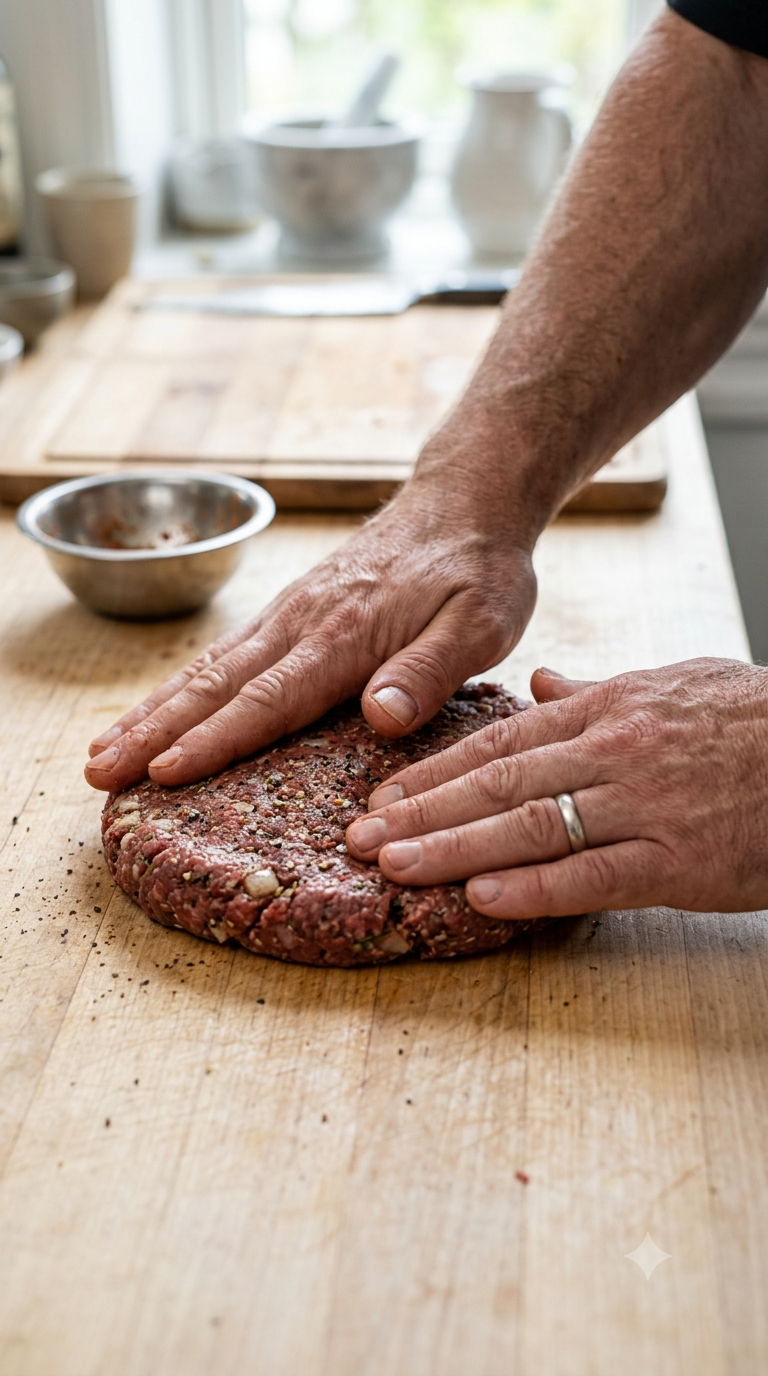 Mains façonnant un grand steak haché épicé, aplati en forme de galette