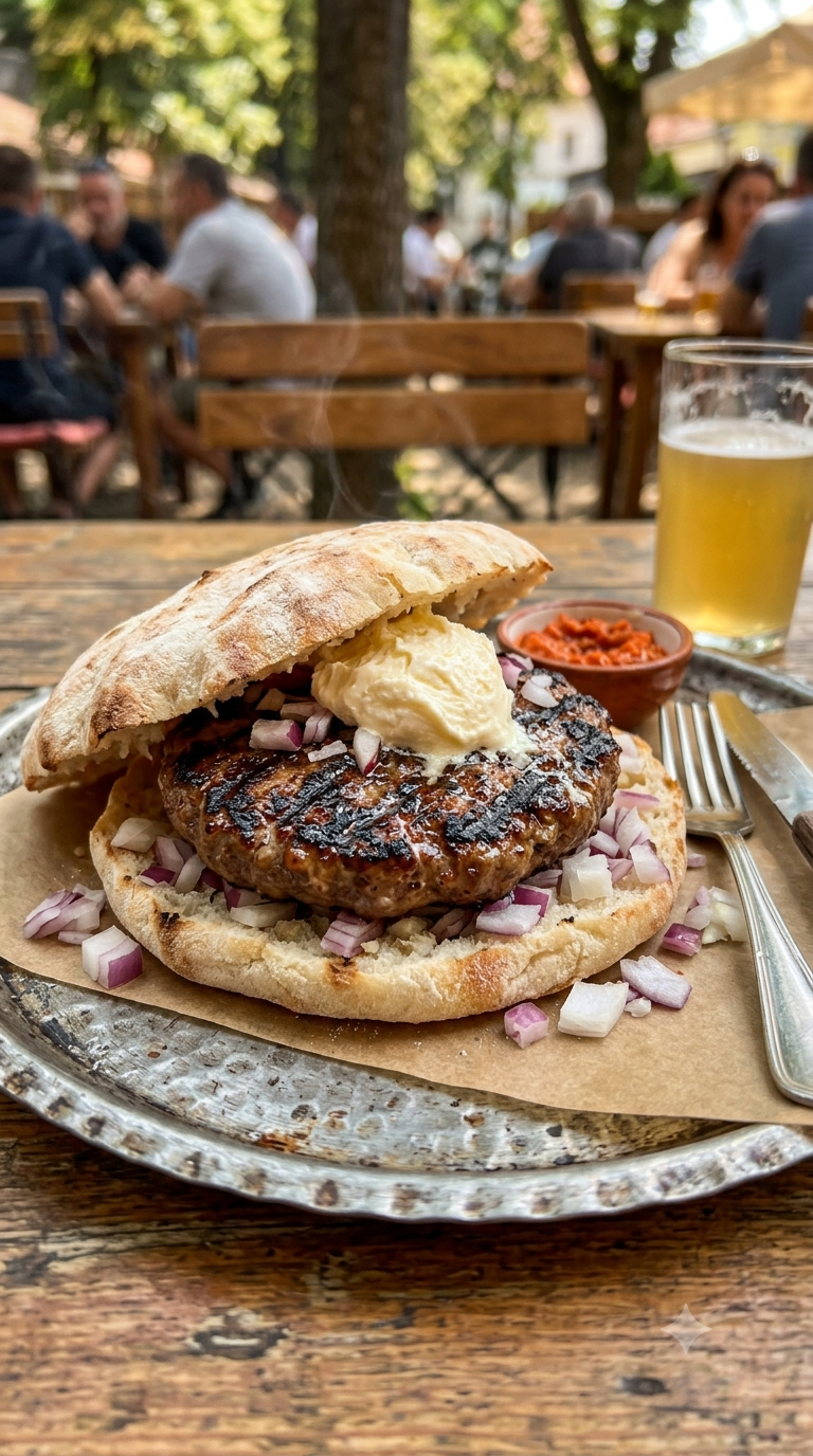 Pljeskavica grillée et bien marquée par le feu, servie dans un pain plat avec oignons et crème kajmak