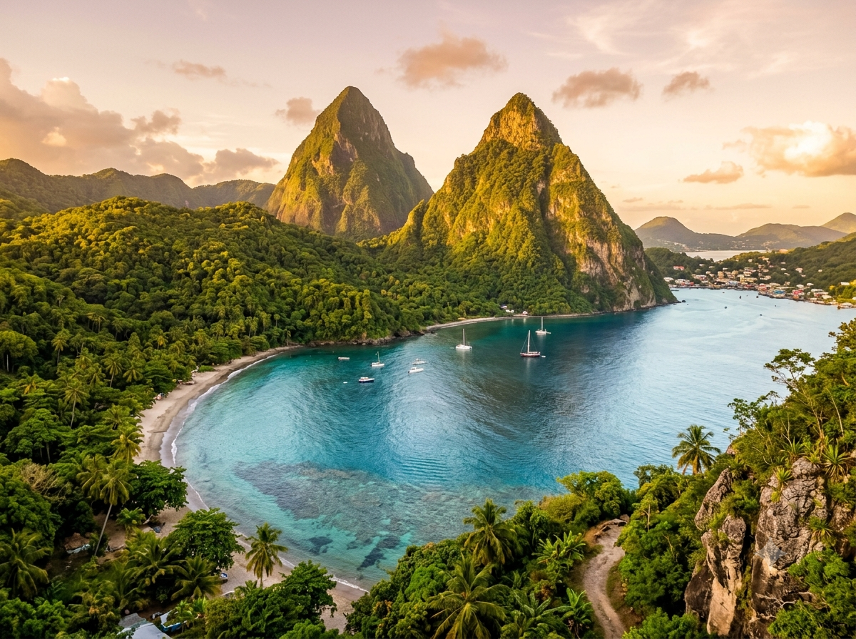 Pitons de Sainte-Lucie, pics volcaniques emblématiques surplombant la mer turquoise