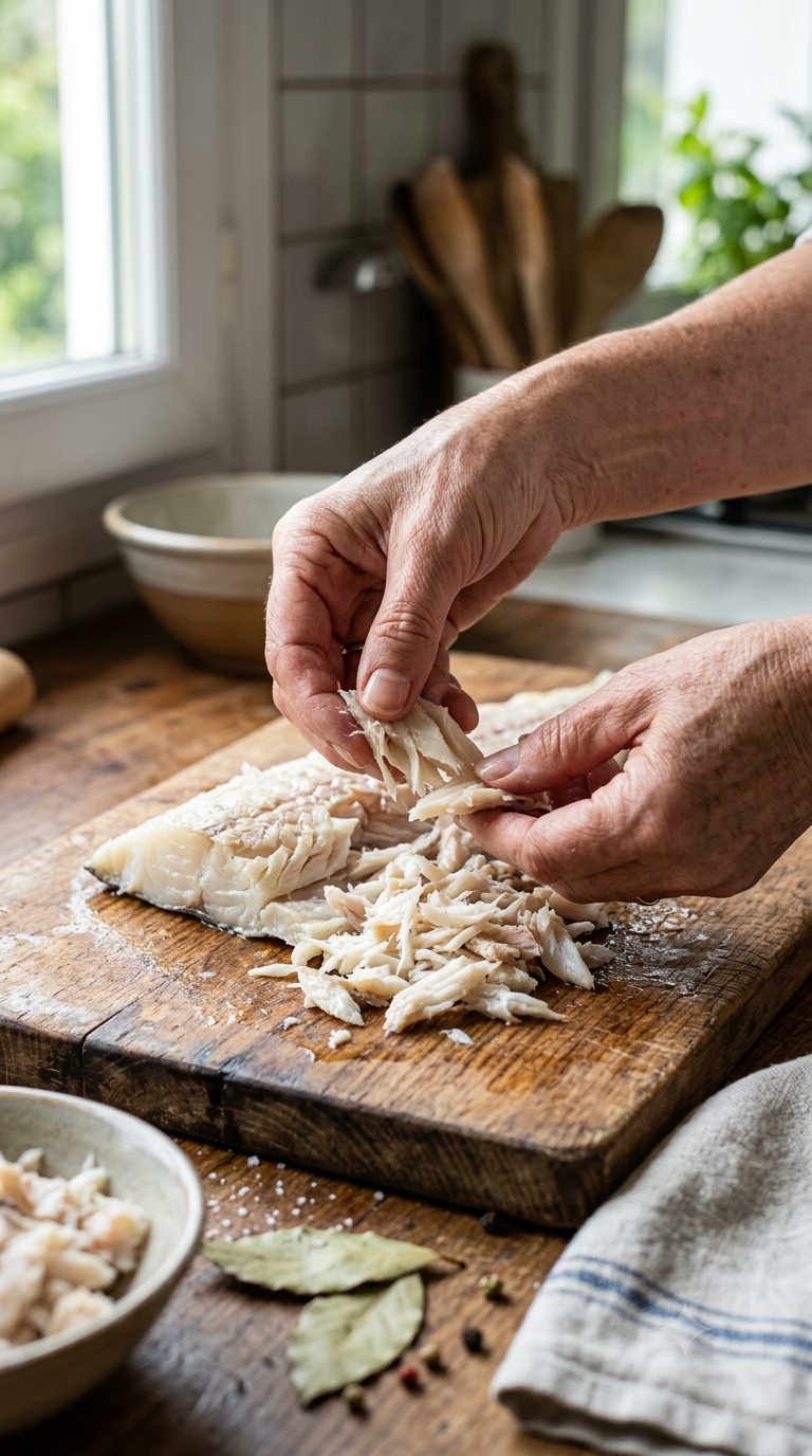 Mains effilochant de la morue salée dessalée sur une planche à découper en bois