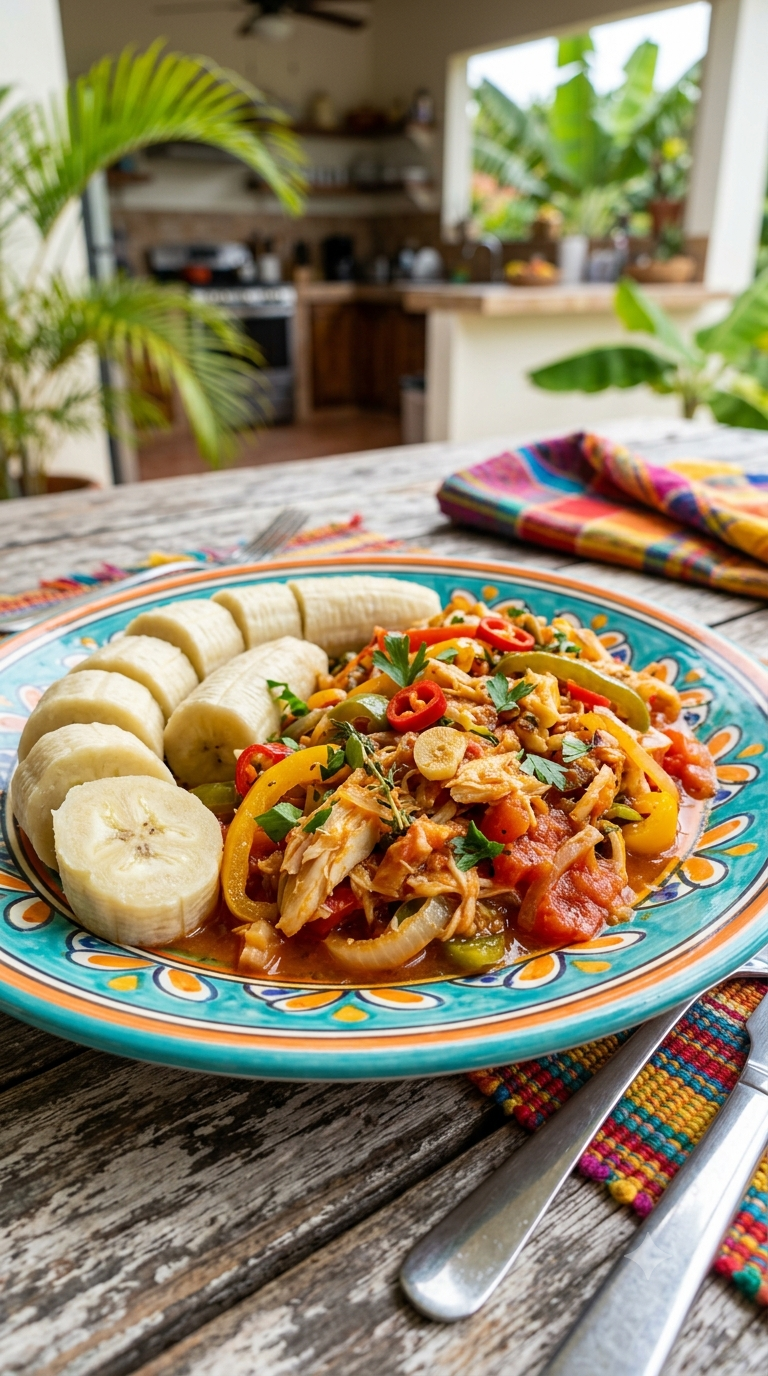 Assiette de banane verte bouillie et de morue effilochée mijotée avec des légumes
