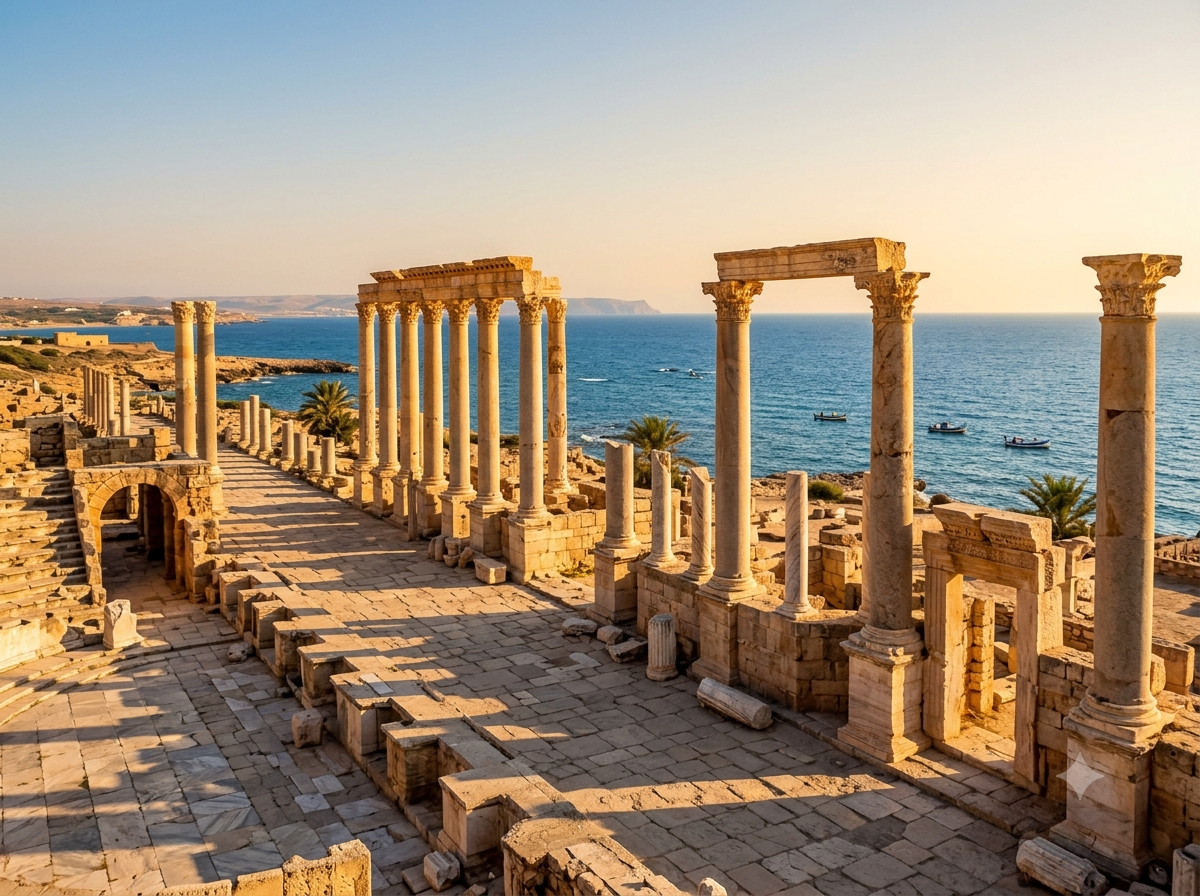 Ruines antiques de Leptis Magna en Libye avec colonnes romaines face à la mer Méditerranée