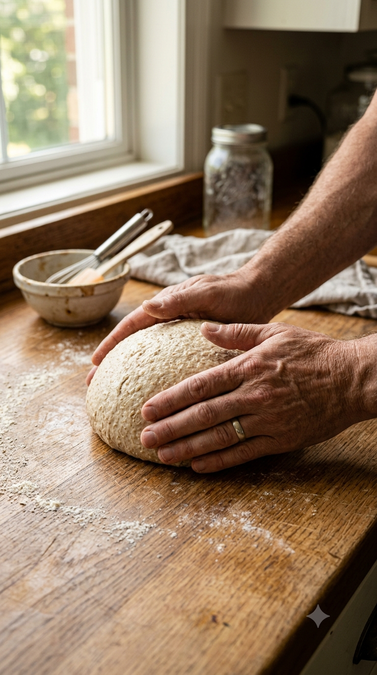 Mains façonnant une pâte d'orge ferme en forme de dôme sur un plan de travail