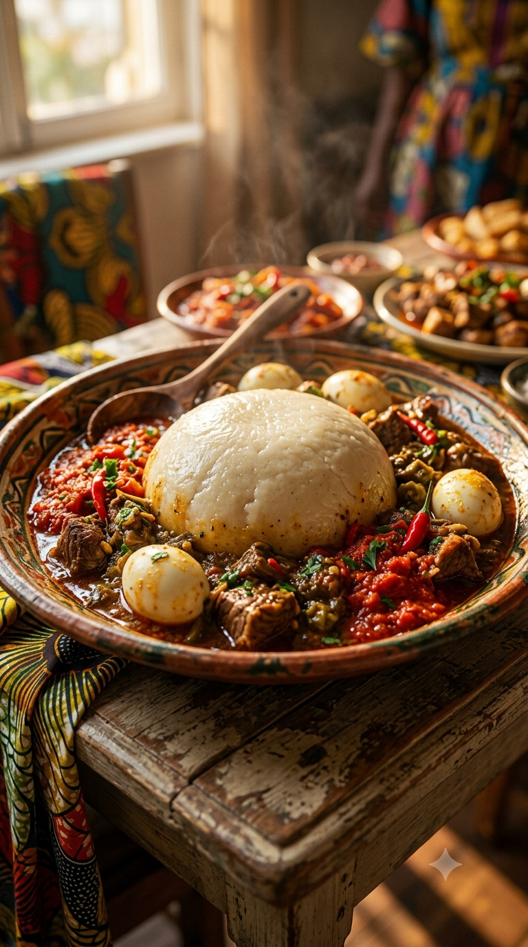 Bazin façonné en dôme au centre d'un plat, entouré de ragoût de viande, œufs durs et sauce tomate épicée