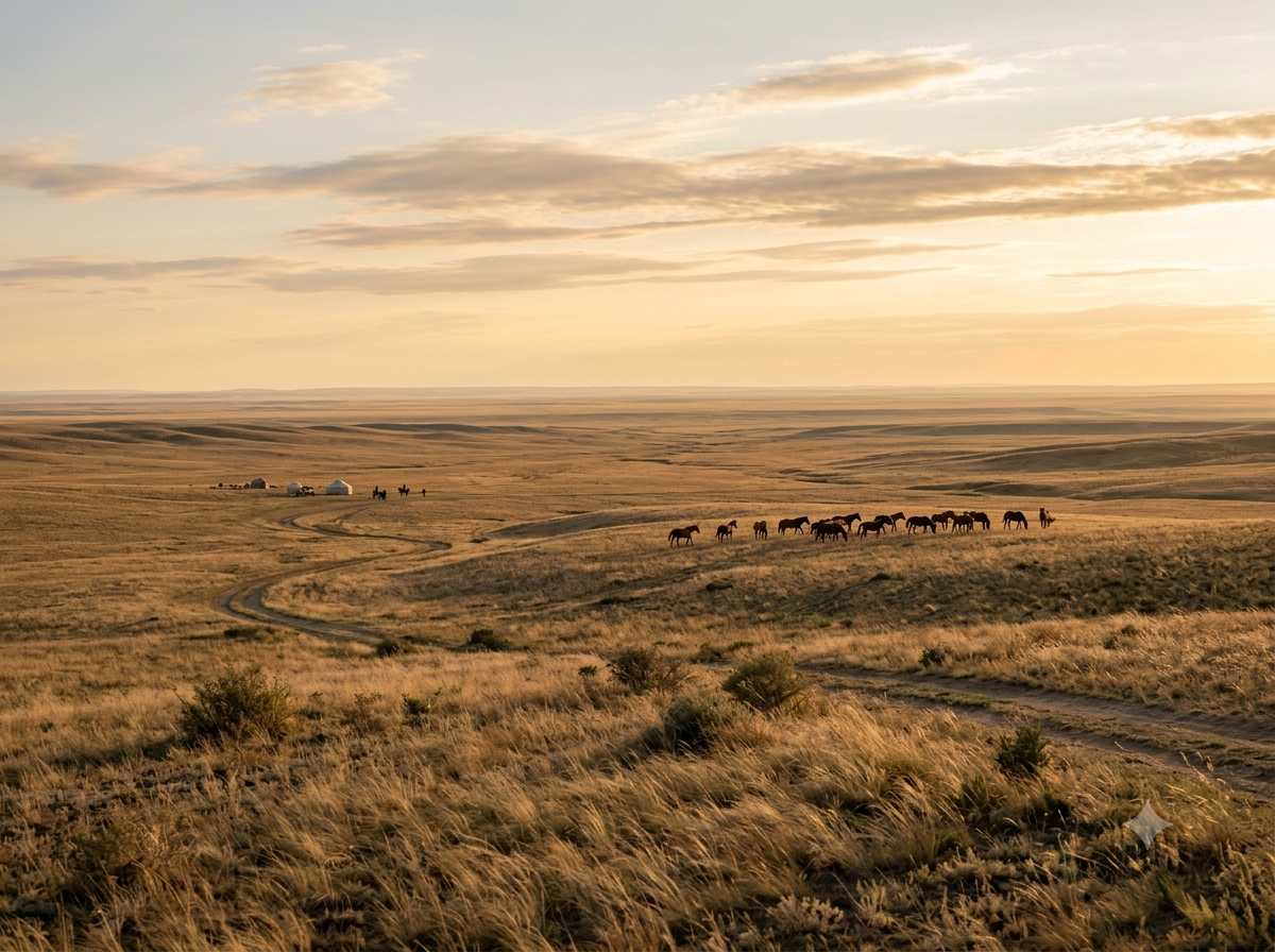 Steppes du Kazakhstan à perte de vue avec quelques chevaux visibles au loin