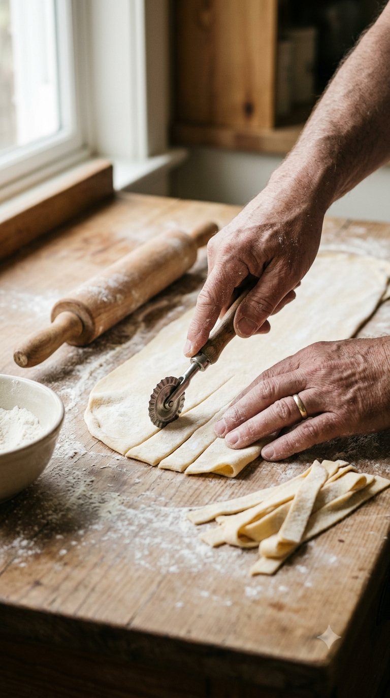 Mains étalant et découpant de larges pâtes plates fraîches sur un plan de travail