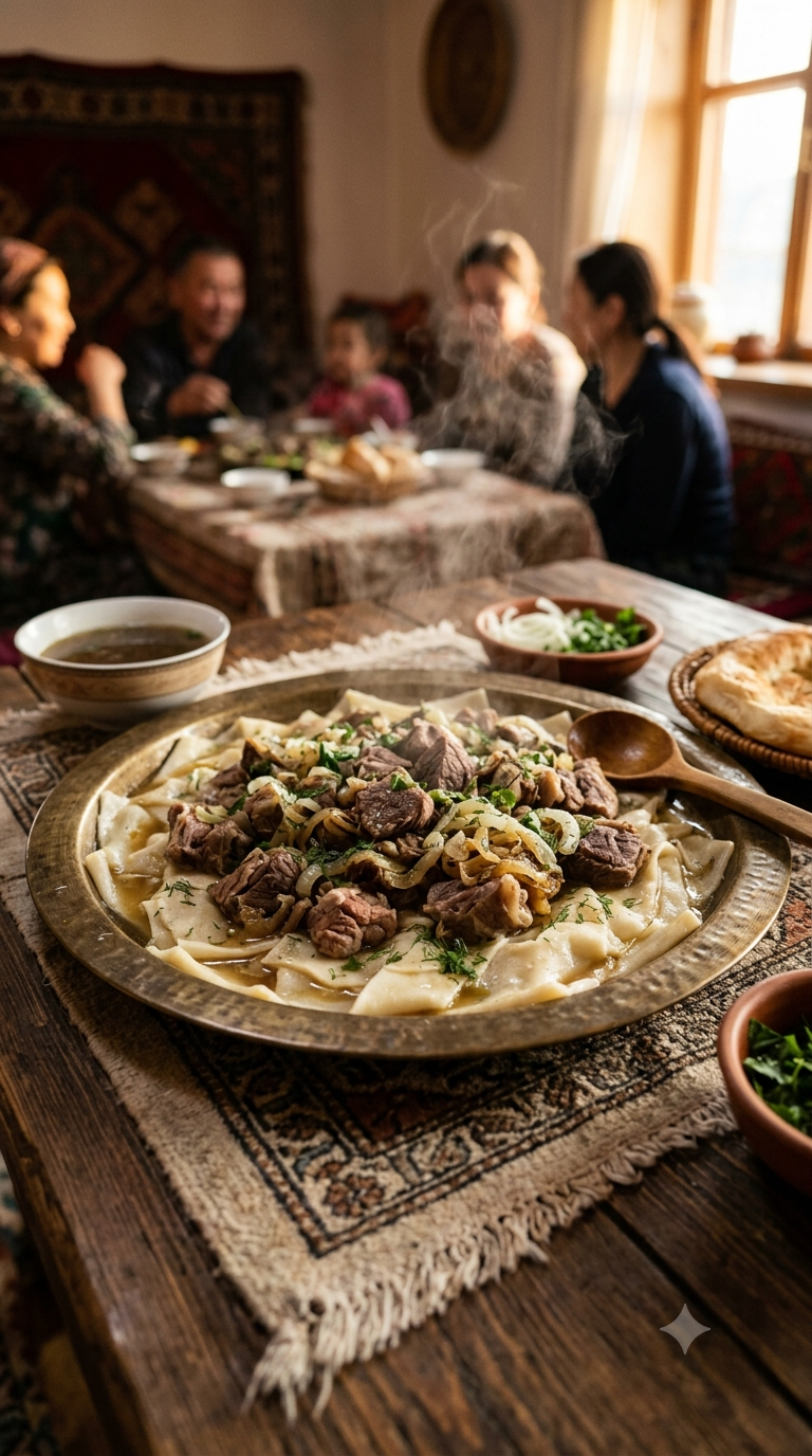 Grand plateau en métal traditionnel rempli de beshbarmak fumant, larges pâtes plates surmontées de viande tendre
