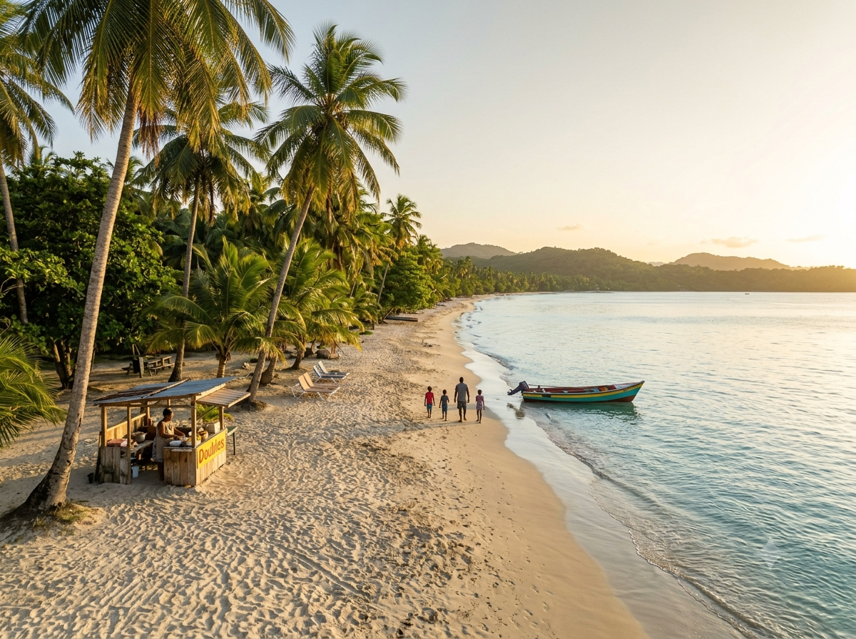 Plage tropicale de Trinité-et-Tobago avec palmiers bordant le rivage et mer calme