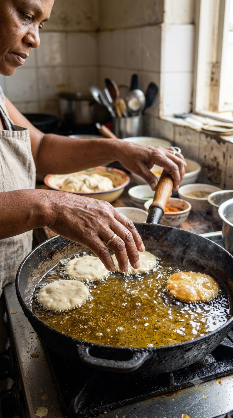 Mains déposant de petites galettes de bara dans l'huile chaude d'une poêle à friture