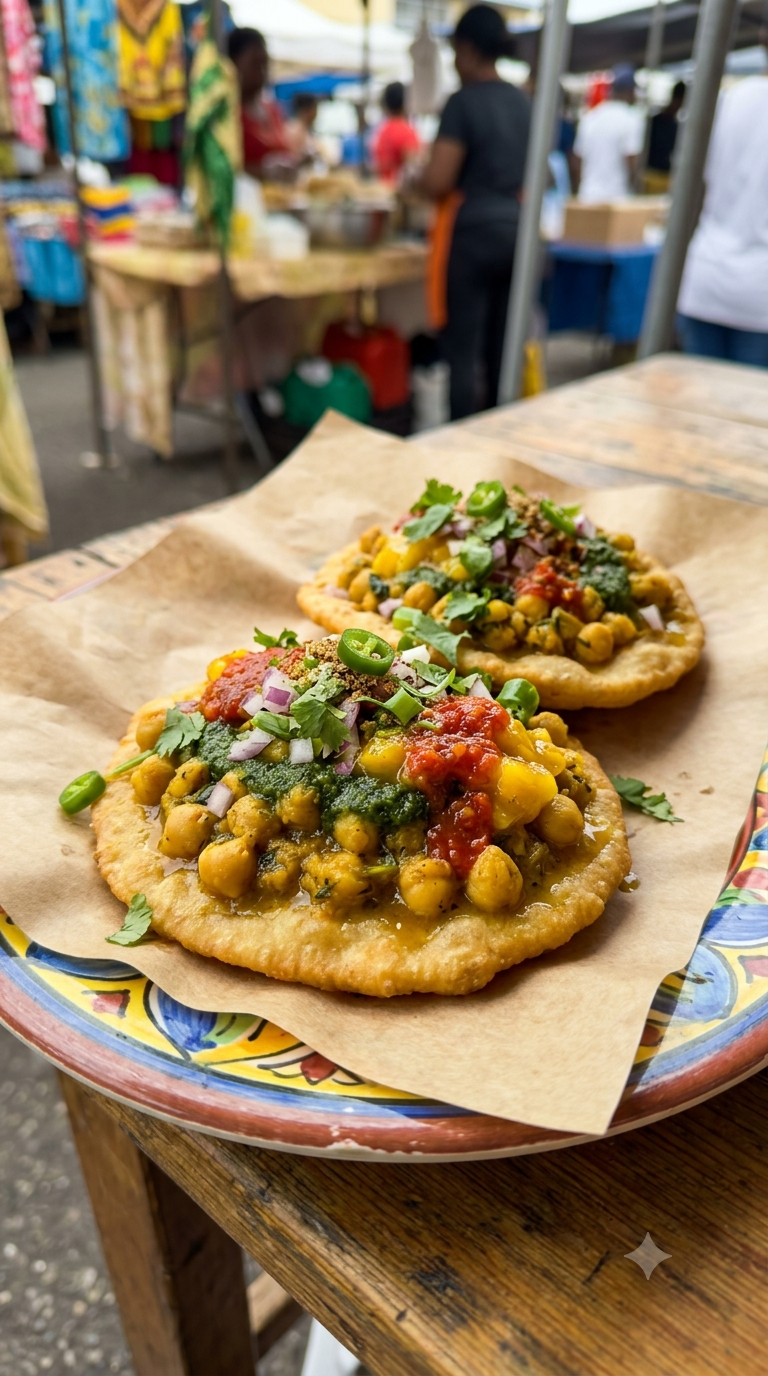 Doubles garnis de curry de pois chiches doré, chutneys colorés visibles par-dessus
