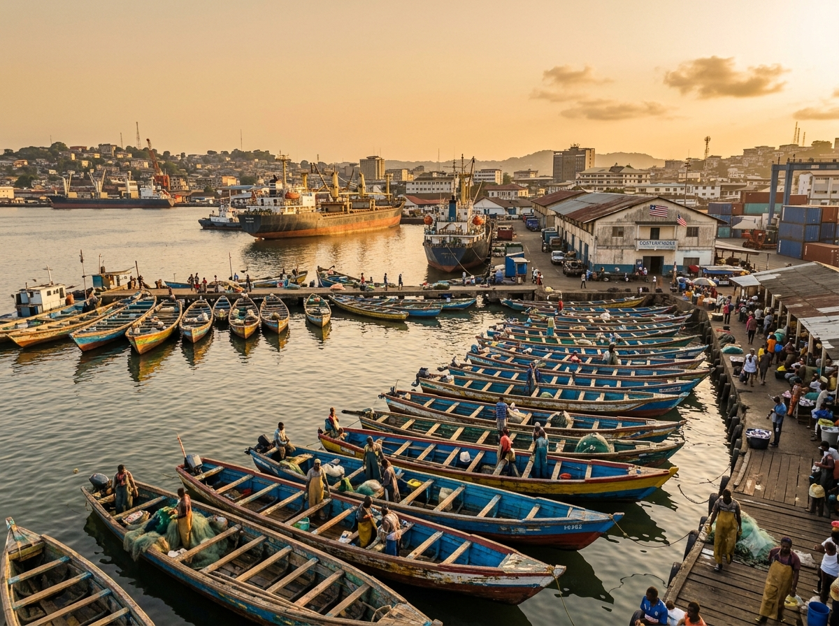 Port de Monrovia au Libéria avec bateaux de pêche colorés amarrés