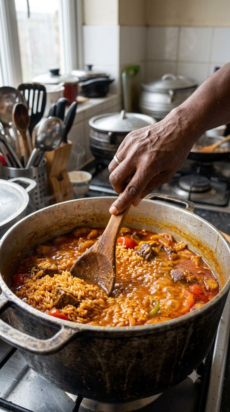 Main remuant du riz dans un bouillon coloré à l'huile de palme et à la viande