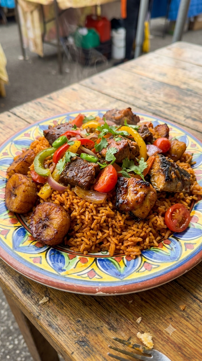 Assiette en émail coloré africain remplie de riz au gras fumant, teinte orangée de l'huile de palme