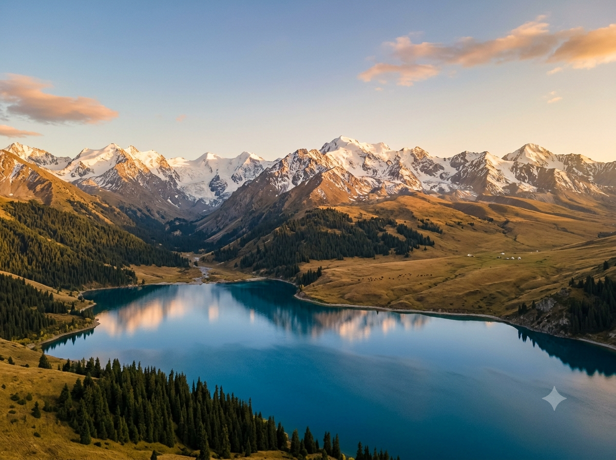 Montagnes du Tian Shan au Kirghizstan avec lac d'altitude et sommets enneigés