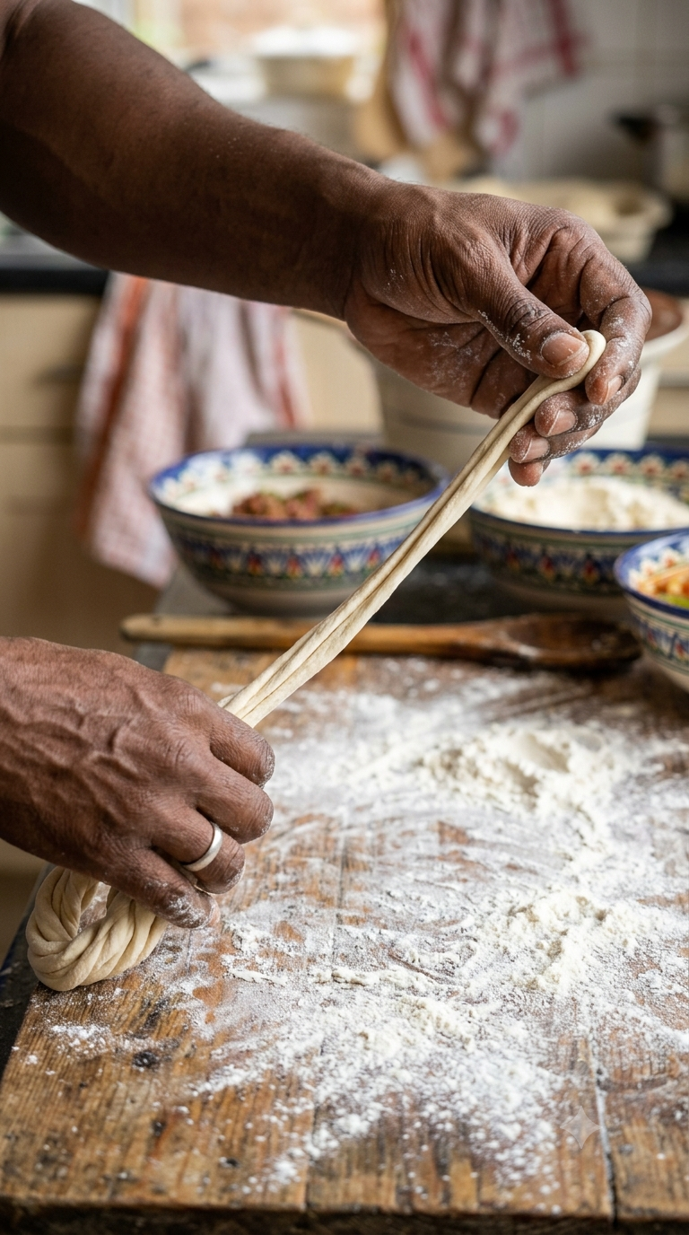 Mains étirant et allongeant de la pâte à nouilles fraîche, technique caractéristique du lagman