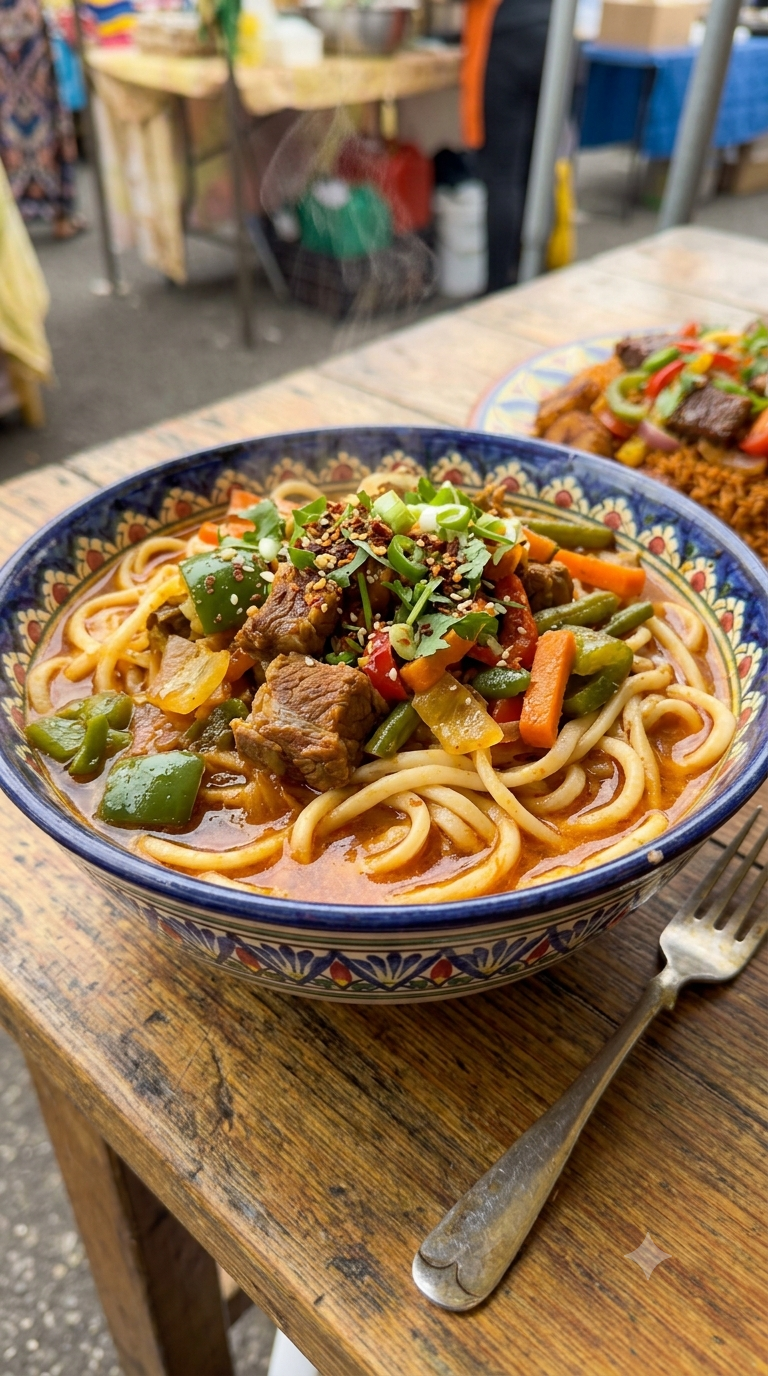 Bol de lagman fumant, nouilles épaisses mêlées à des légumes colorés et des morceaux de viande