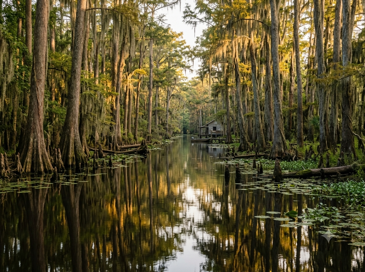 Bayou de Louisiane bordé de cyprès avec eaux calmes et végétation humide