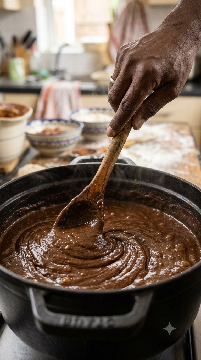Main remuant longuement un roux brun foncé dans une marmite en fonte noire