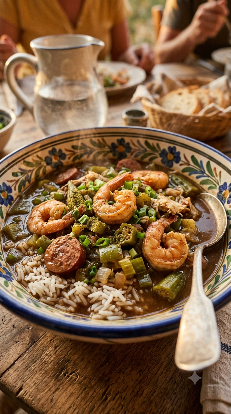 Bol de gumbo fumant, bouillon brun foncé bien visible avec crevettes et légumes, servi sur riz blanc