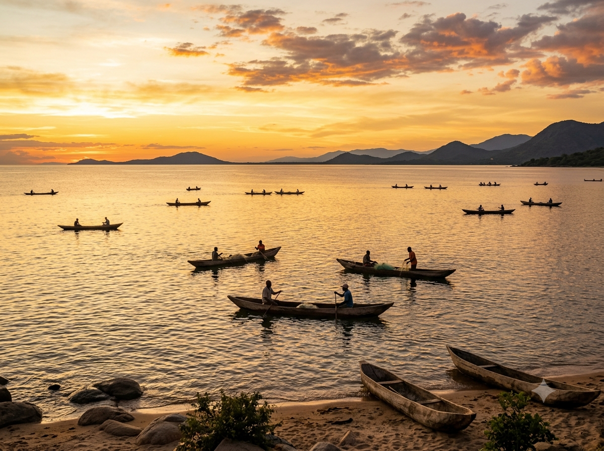 Lac Malawi au coucher du soleil avec pirogues de pêcheurs traditionnelles