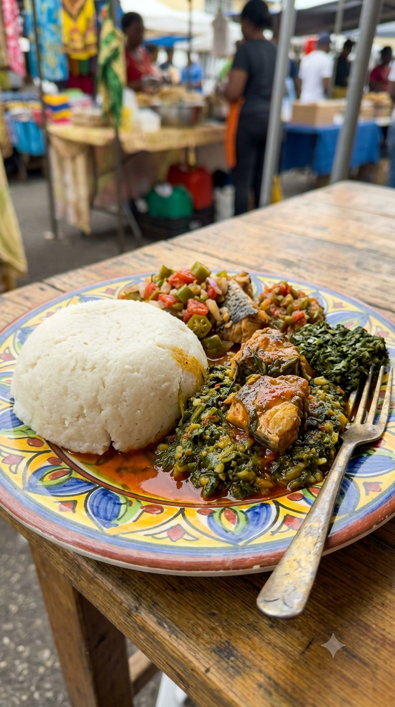 Assiette avec du nsima ferme et blanc accompagné d'un ragoût de légumes verts et de poisson