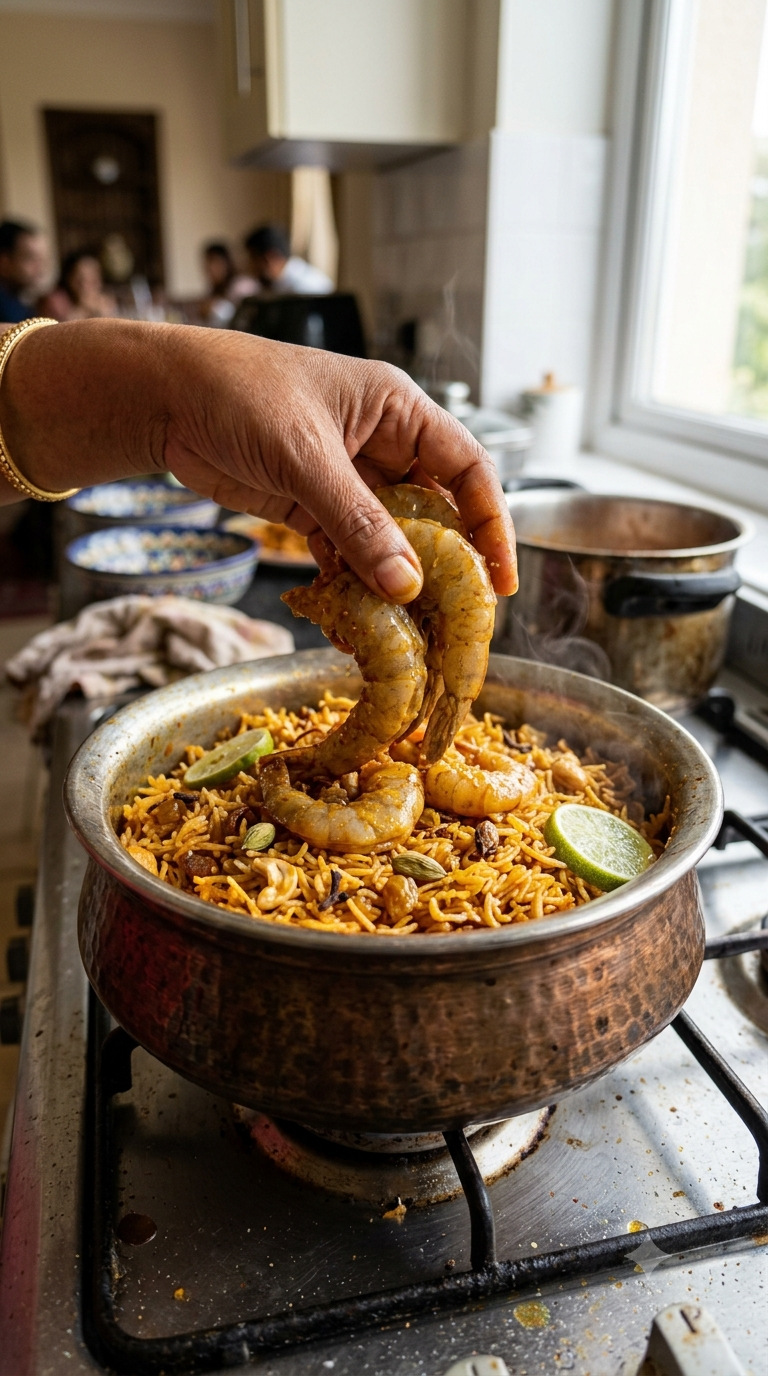 Main ajoutant des crevettes marinées dans une marmite de riz épicé en cuivre traditionnelle