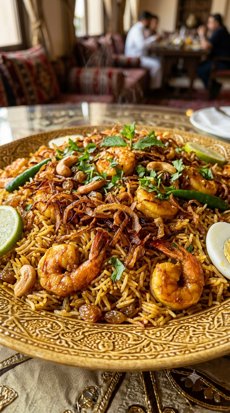 Majboos épicé, riz basmati teinté d'épices, crevettes bien visibles et oignons frits croustillants