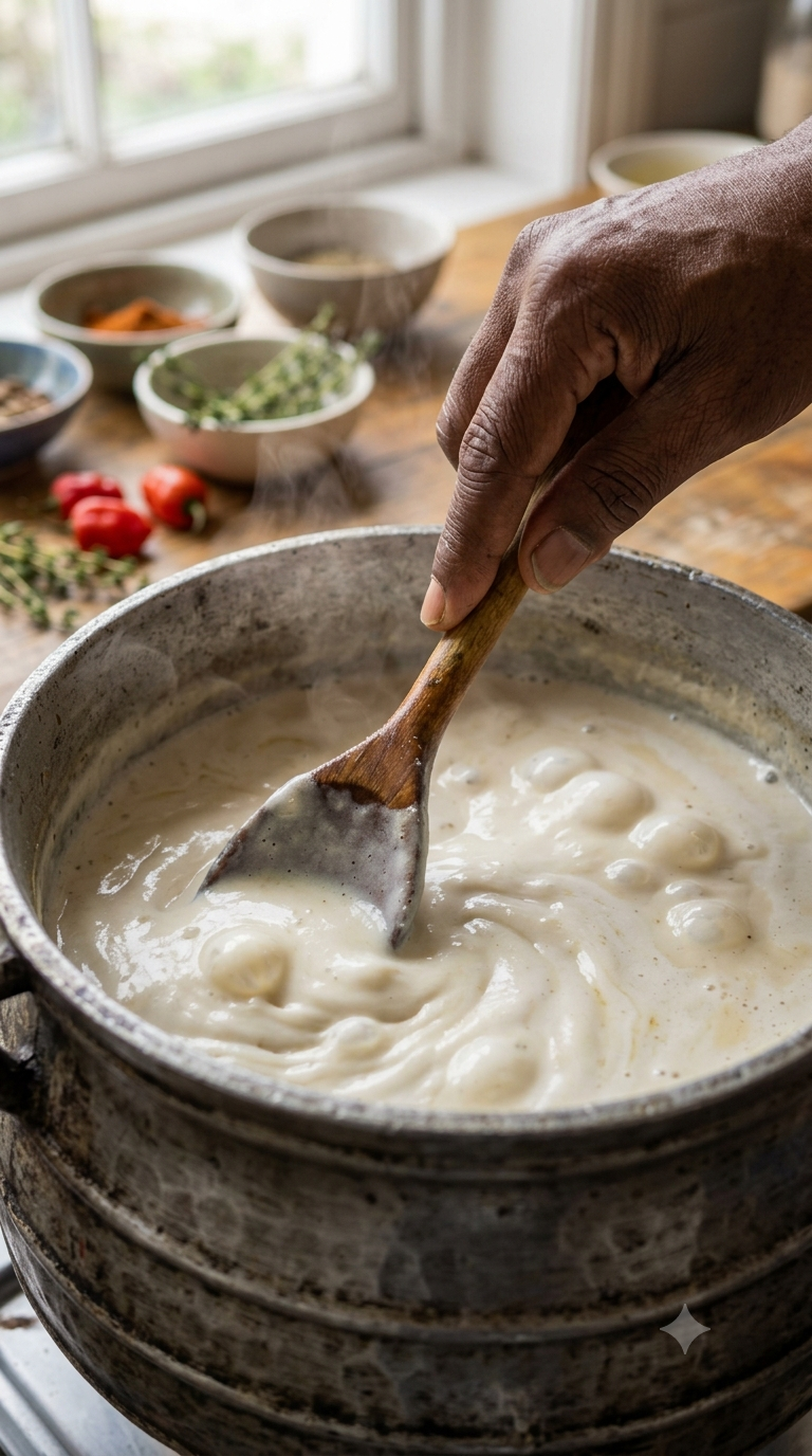 Main remuant du lait de coco en train de réduire et d'épaissir dans une marmite traditionnelle