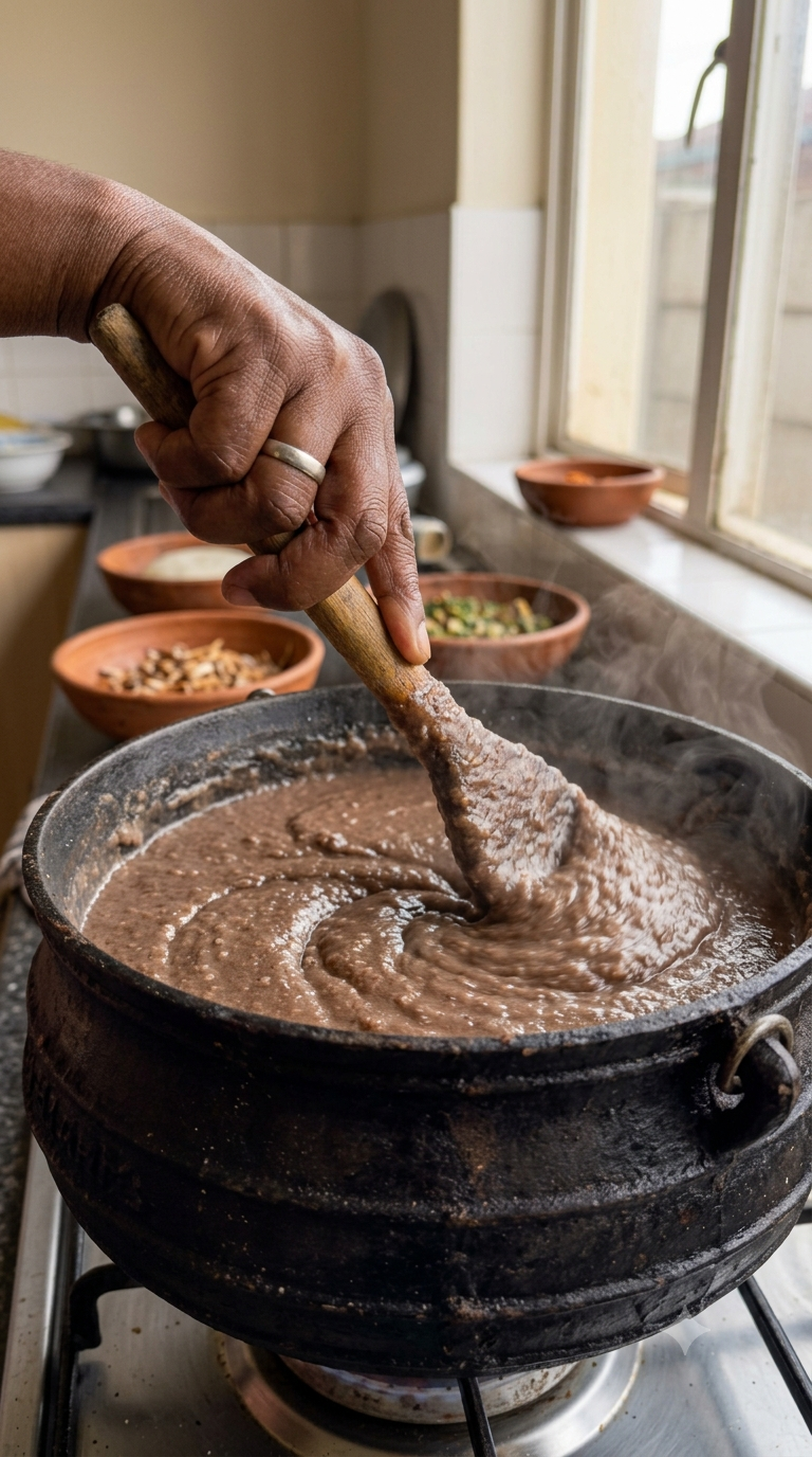 Main remuant vigoureusement une bouillie de mil épaissie dans une marmite en fonte noire