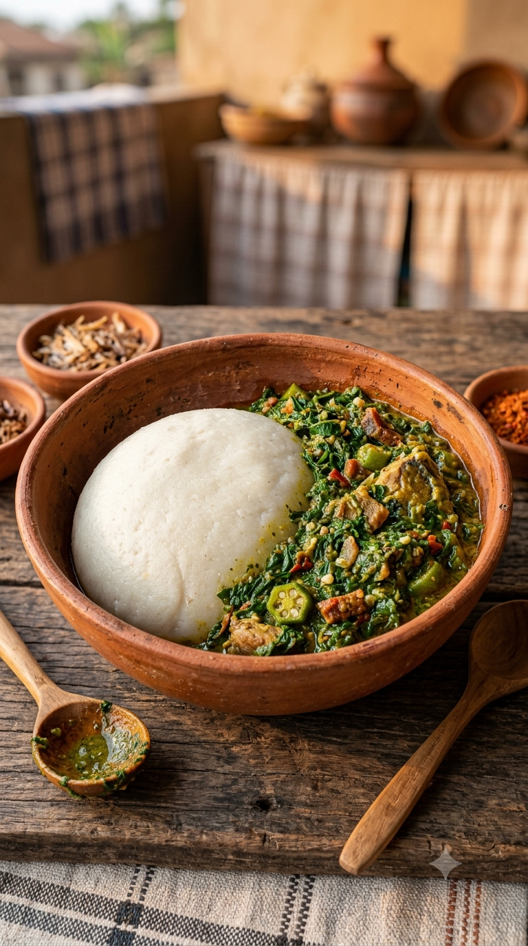 Bol de terre cuite africaine avec du tô ferme et blanc, accompagné d'une sauce verte aux légumes