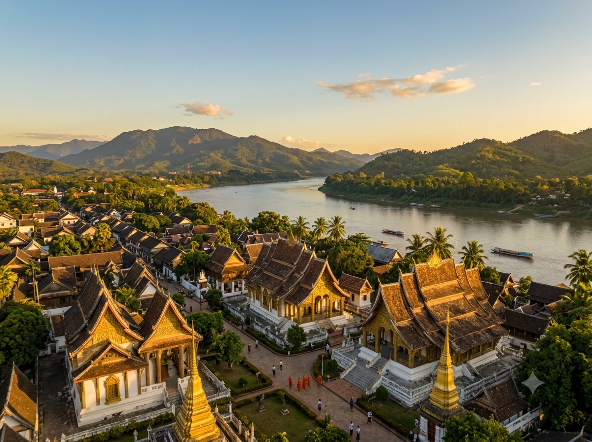 Temples dorés de Luang Prabang au Laos avec fleuve Mékong en arrière-plan