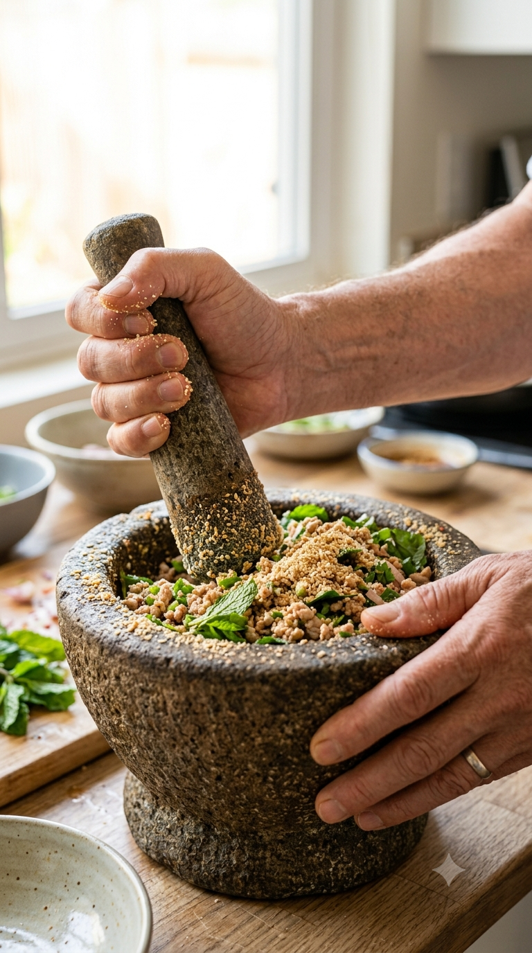 Mains moulant du riz grillé dans un mortier en pierre traditionnel