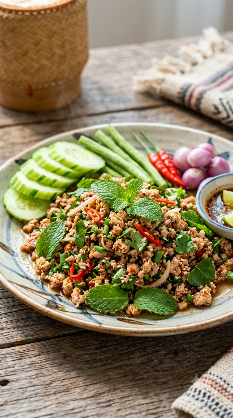 Assiette de larb coloré, viande hachée mêlée à la menthe fraîche et au riz grillé moulu