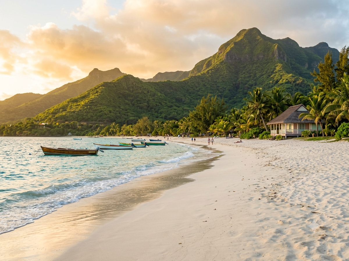 Plage tropicale de l'île Maurice avec montagnes verdoyantes en arrière-plan