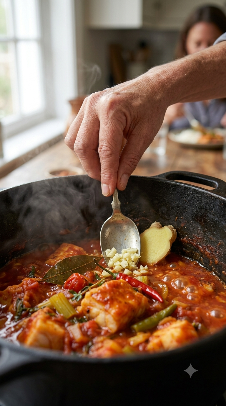 Main écrasant du gingembre et de l'ail frais dans une sauce tomate mijotant dans une marmite