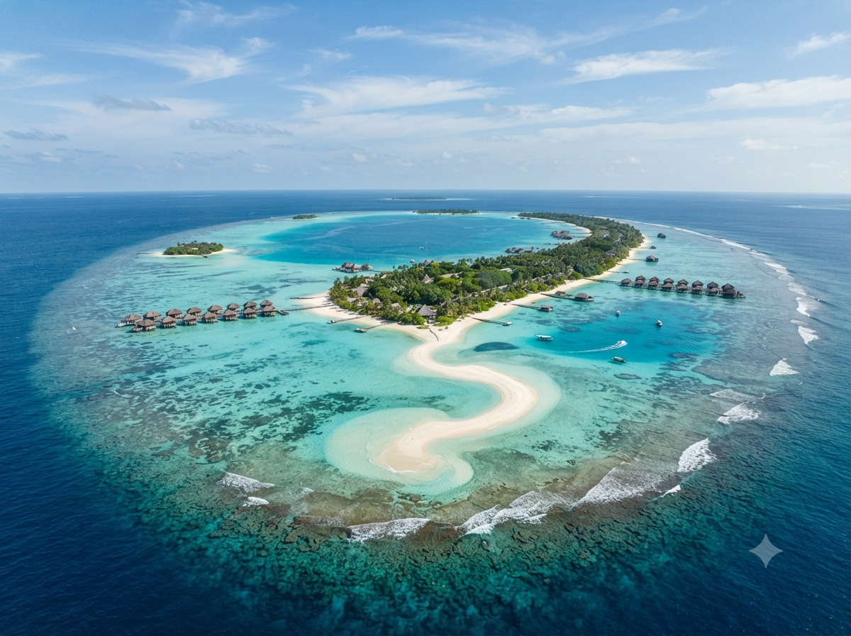 Atoll bas des Maldives avec lagon turquoise cristallin bordé de sable blanc