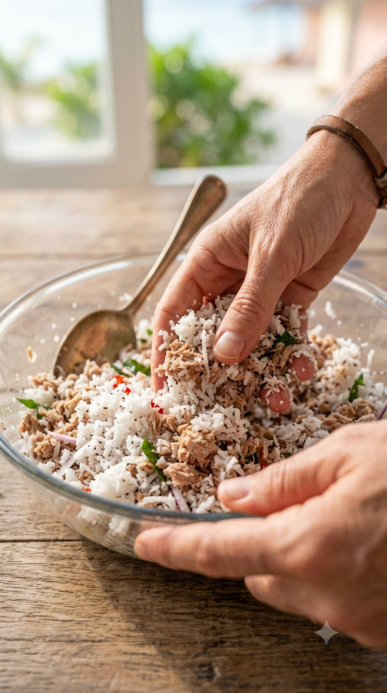 Mains mélangeant de la noix de coco fraîchement râpée avec du thon séché émietté