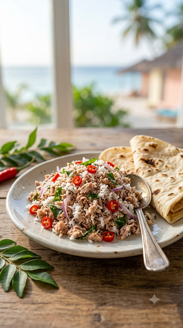 Petit plat de mas huni, thon séché émietté mêlé à de la noix de coco râpée, servi avec du pain roshi